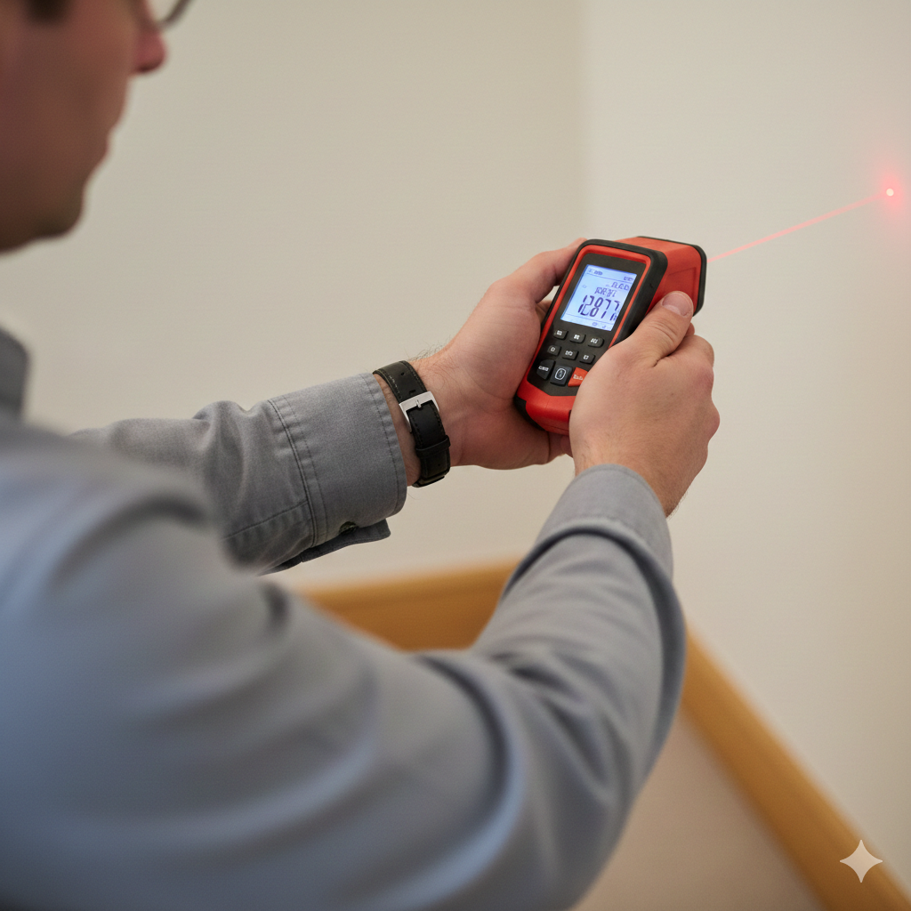 An energy assessor uses a laser measures to measure a wall