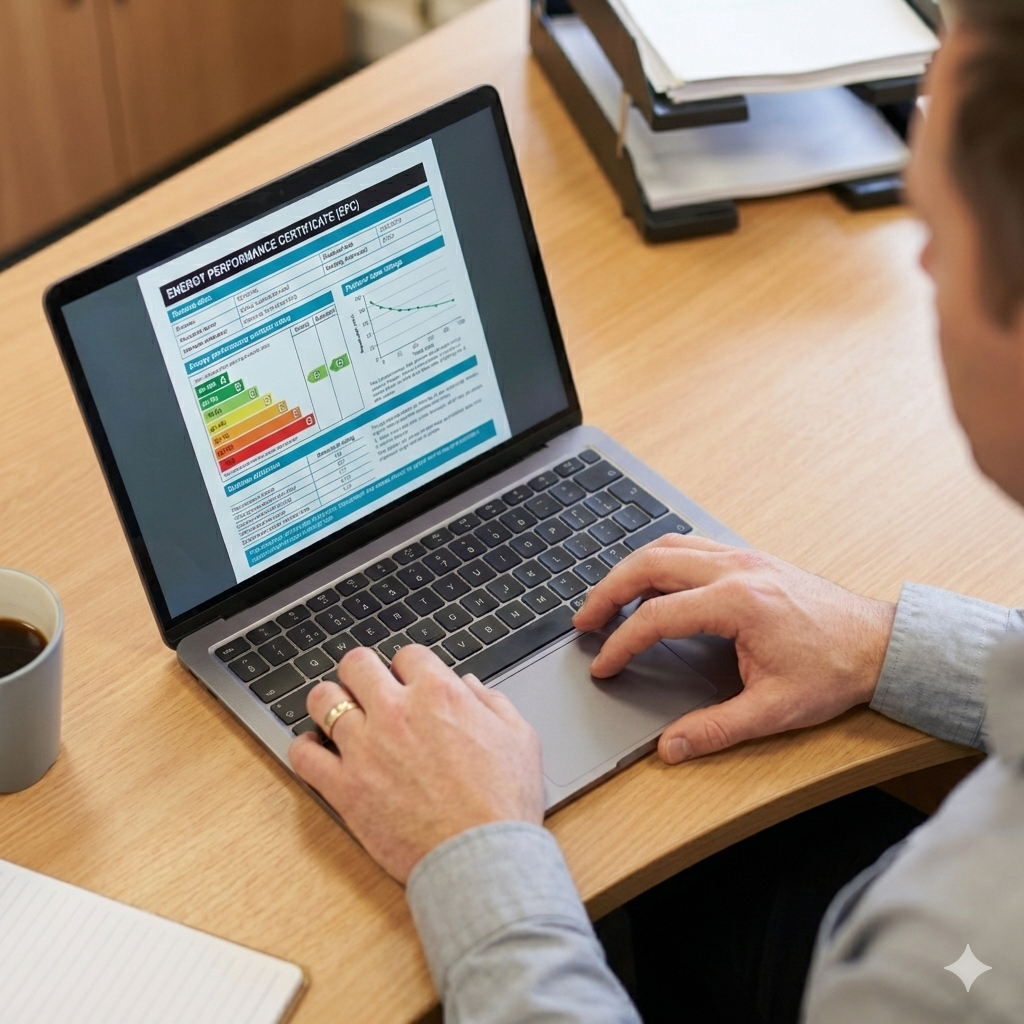 Commercial energy assessor working with an EPC at a laptop